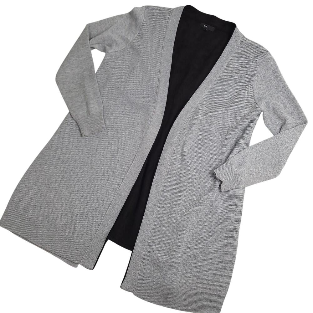 Fate Women’s Open Front Cardigan Sz Large Gray Black Wool Blend Sweater EUC